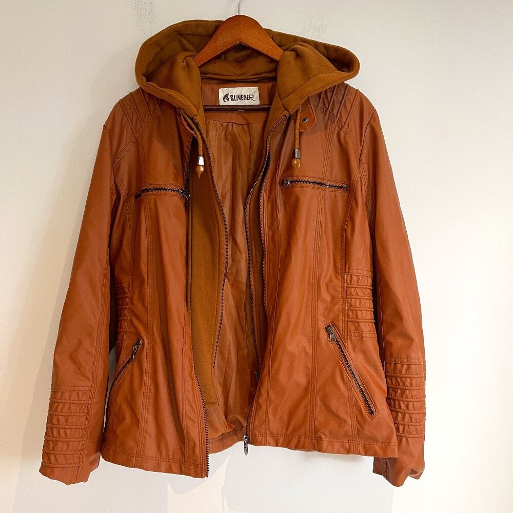 Blivener Womens Faux Leather Removable Hooded Zip Up Moto Jacket 2XL Light Brown